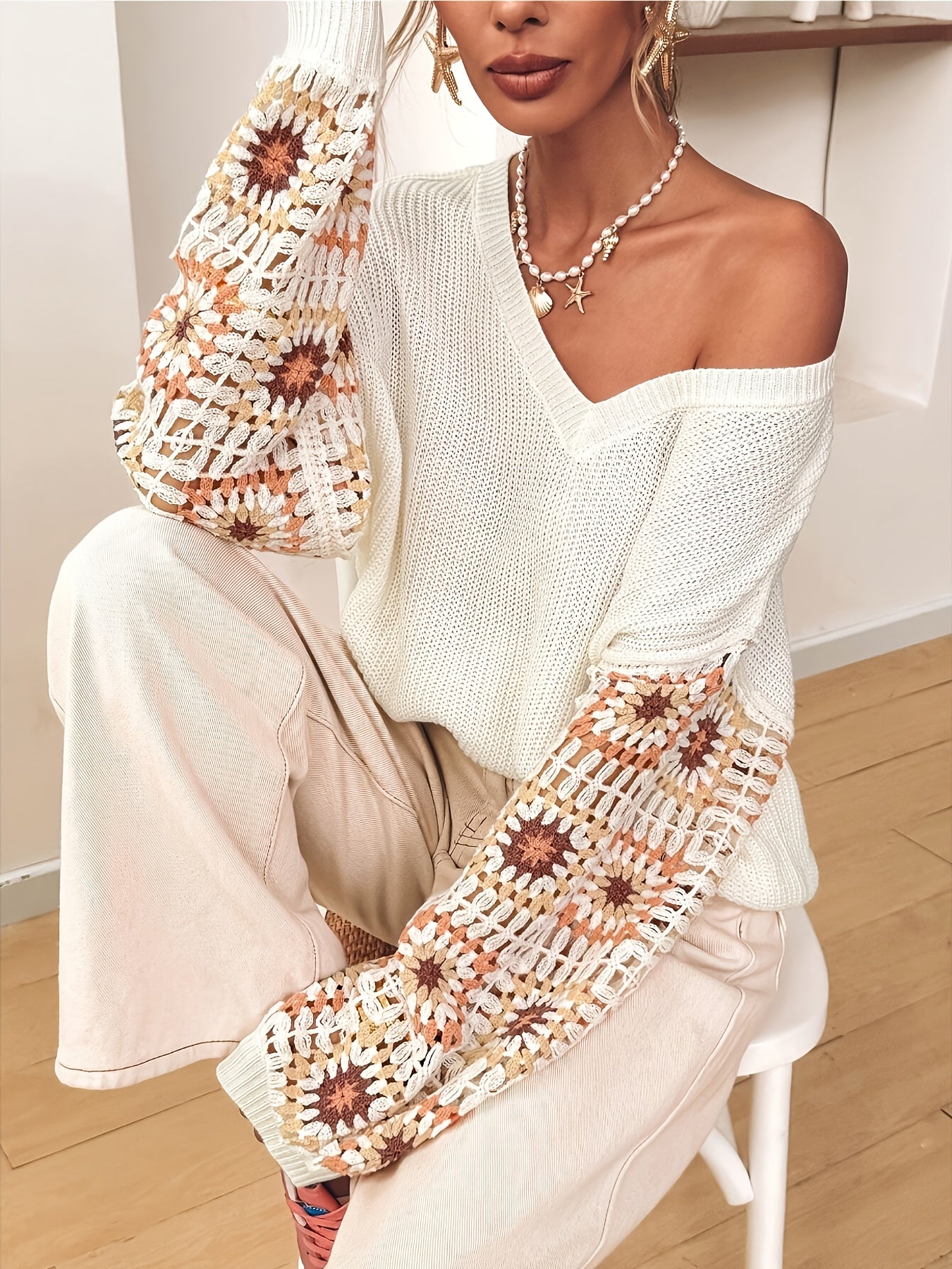 Women's Handmade Crochet V-Neck Sweater - Ethnic Floral Pattern, Openwork Design, All-Season Lightweight Pullover, Elegant Boho Chic Style for Casual & Formal Wear, Versatile Fashion | Intricate Craftsmanship, Crochet Clothes