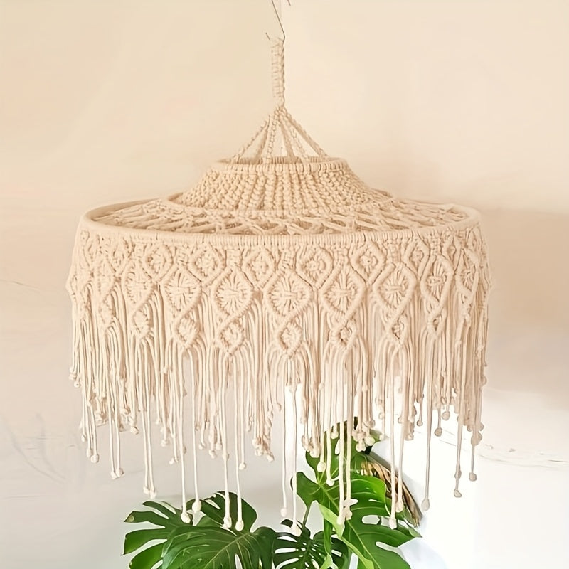 1Large Bohemian Style Woven Lampshade - Long Tassel Ceiling Light Shade,Beige/Waterfall Chain Design,Suitable for Living Room、Bedroom、Terrace - No Power Supply Required,Decorative Lighting Accents,Artistic Home Decor,Hand-woven Fabric,Exclusive for Interi