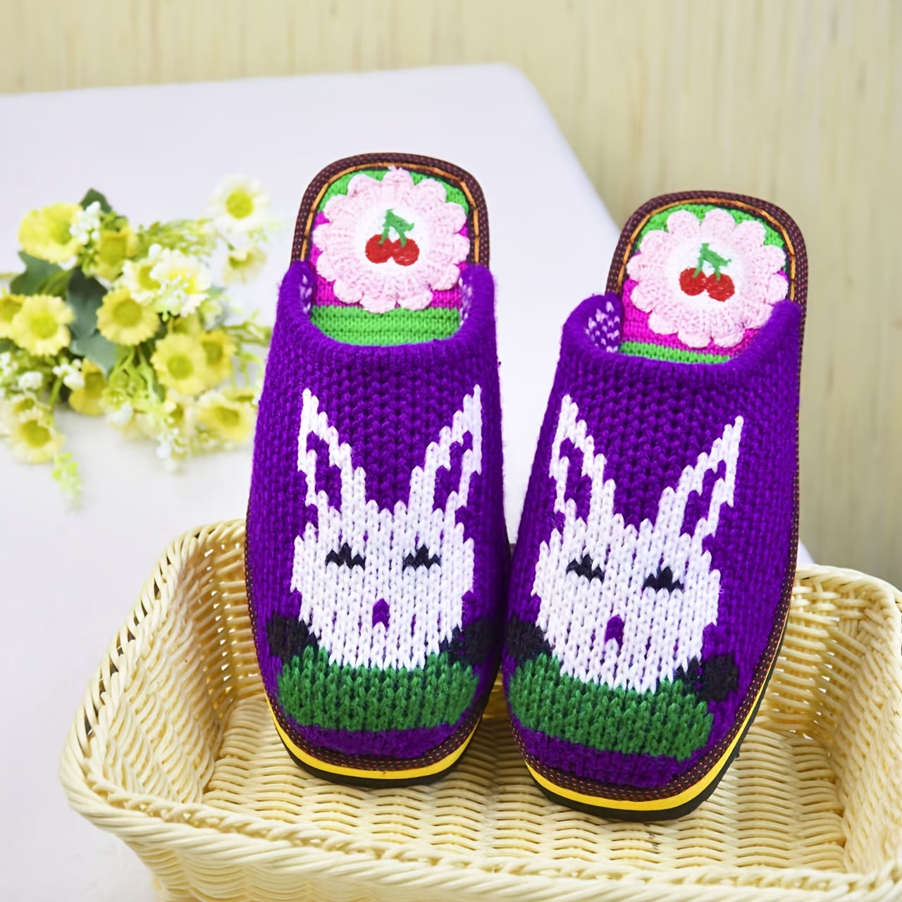 Handmade Crochet Slippers for Men and Women - Cozy Knit Home Shoes with Floral and Heart Designs, Artificial Silk Blend, Sky Blue/Pink, House Slippers