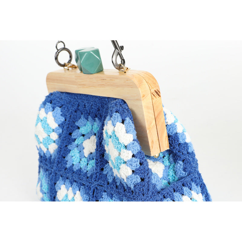 Vintage Handmade Blue Handicraft Crochet Hand Bag Flower Wooden Coin Purse Leather Shoulder Strap Bohemian Woven Handbag