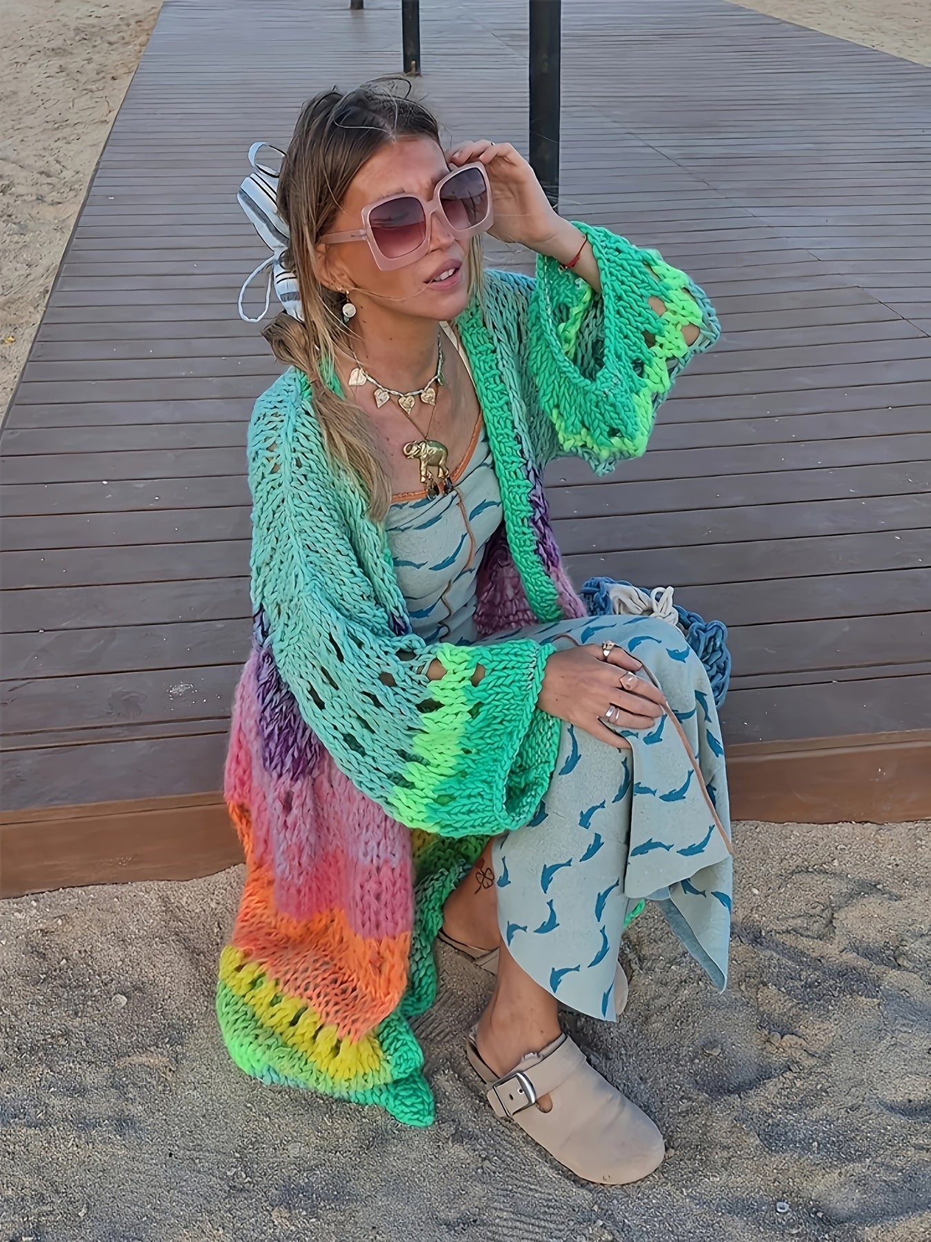 Luxurious hand- colorful Women's warm coat gradient bright color retro lantern sleeve ribbon cardigan fashionable boho long chic Women's coat Swimsuit Cover-ups K12