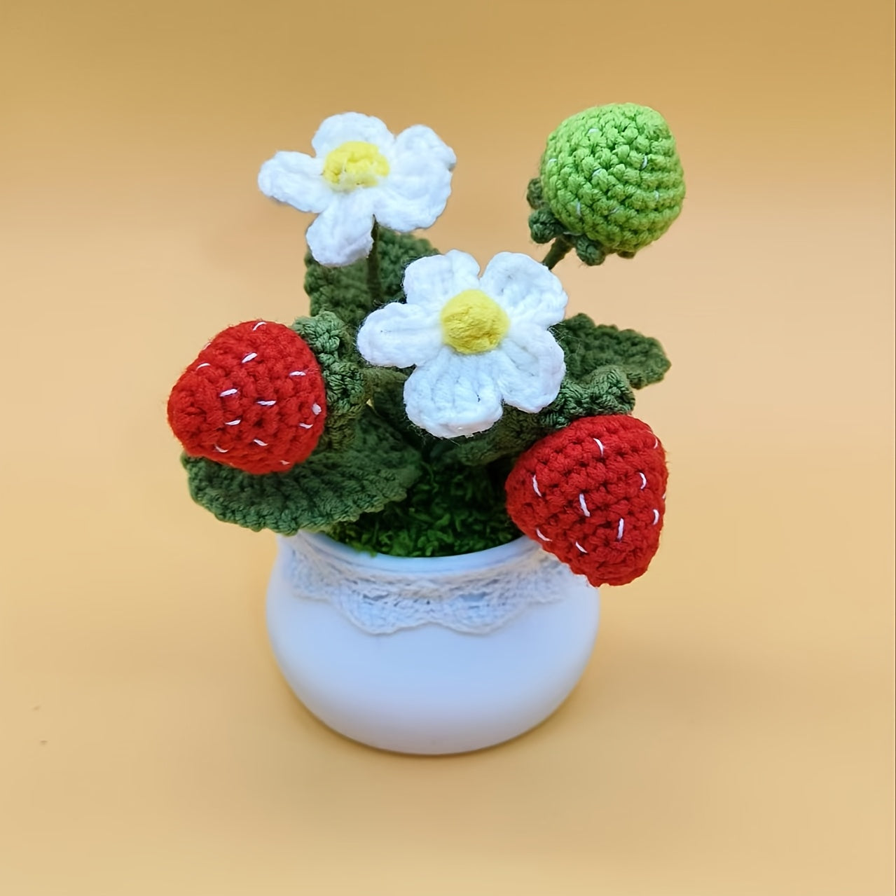 Handmade Lace Decorated Strawberry Flower Pot,Artist Crafted with Care,Suitable for home and office display,Perfect Housewarming Gift、Valentine's Day Gift、Birthday Gift、Gift from classmates、Car ornament or graduation/Christmas/Independence Day Celebration