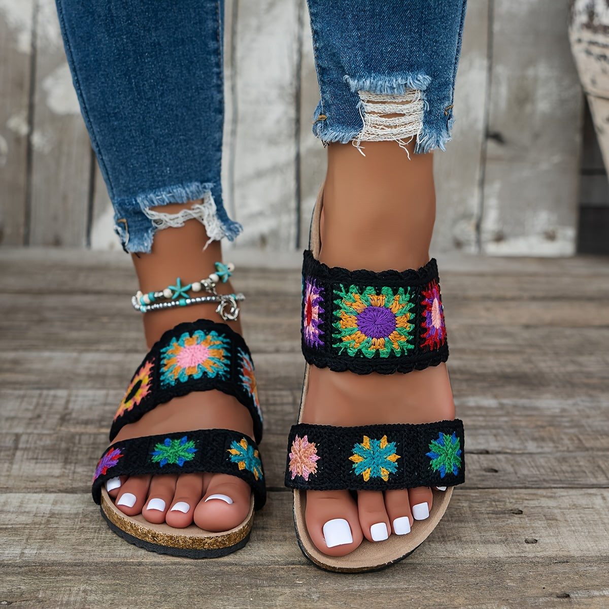 Women's Black Apricot Knitted Cute Floral Double-V Straps Round Toe Open-Toe Slip-On Fashionable Versatile Flat Slippers with Non-Slip Wear-Resistant Large Size Home Shoes Suitable for Vacation Travel Bohemian Style Sandals