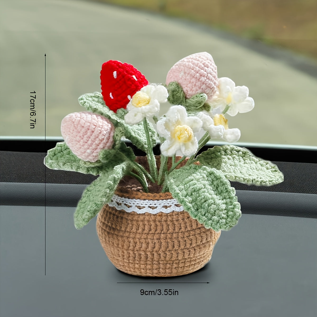 1Handwoven Strawberry and White Flower Pot Plant - Eternal Fabric Flowers,Lucky Strawberry for Car and Home Decoration
