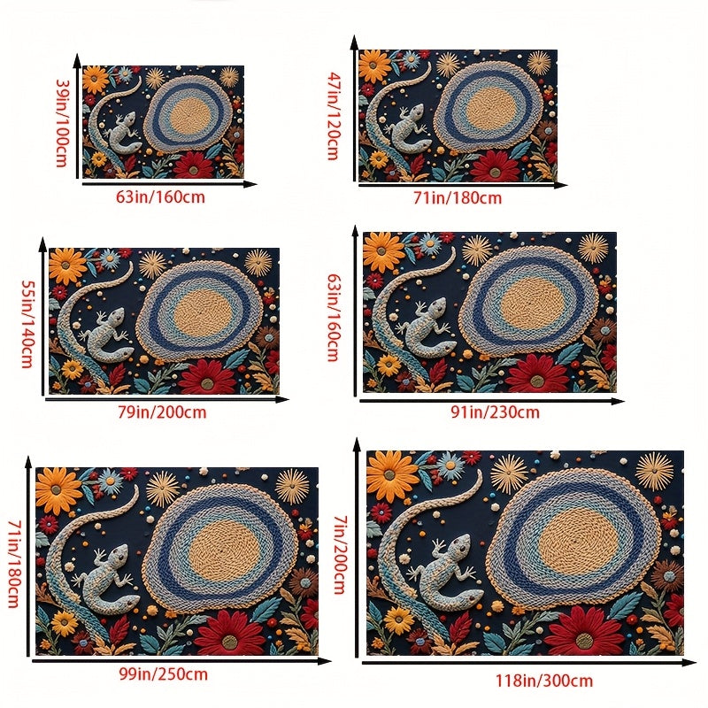 1pc Bohemian Crochet Lizard & Floral Design Velvet Carpet, 850g/m² + 6mm Thick, Polyester Backing, Natural & Stylish for Home Decor, Picnics, Desk, Camping, Room Decoration, Picnic Mat | Floral Pattern Mat | Durable Floor Ma