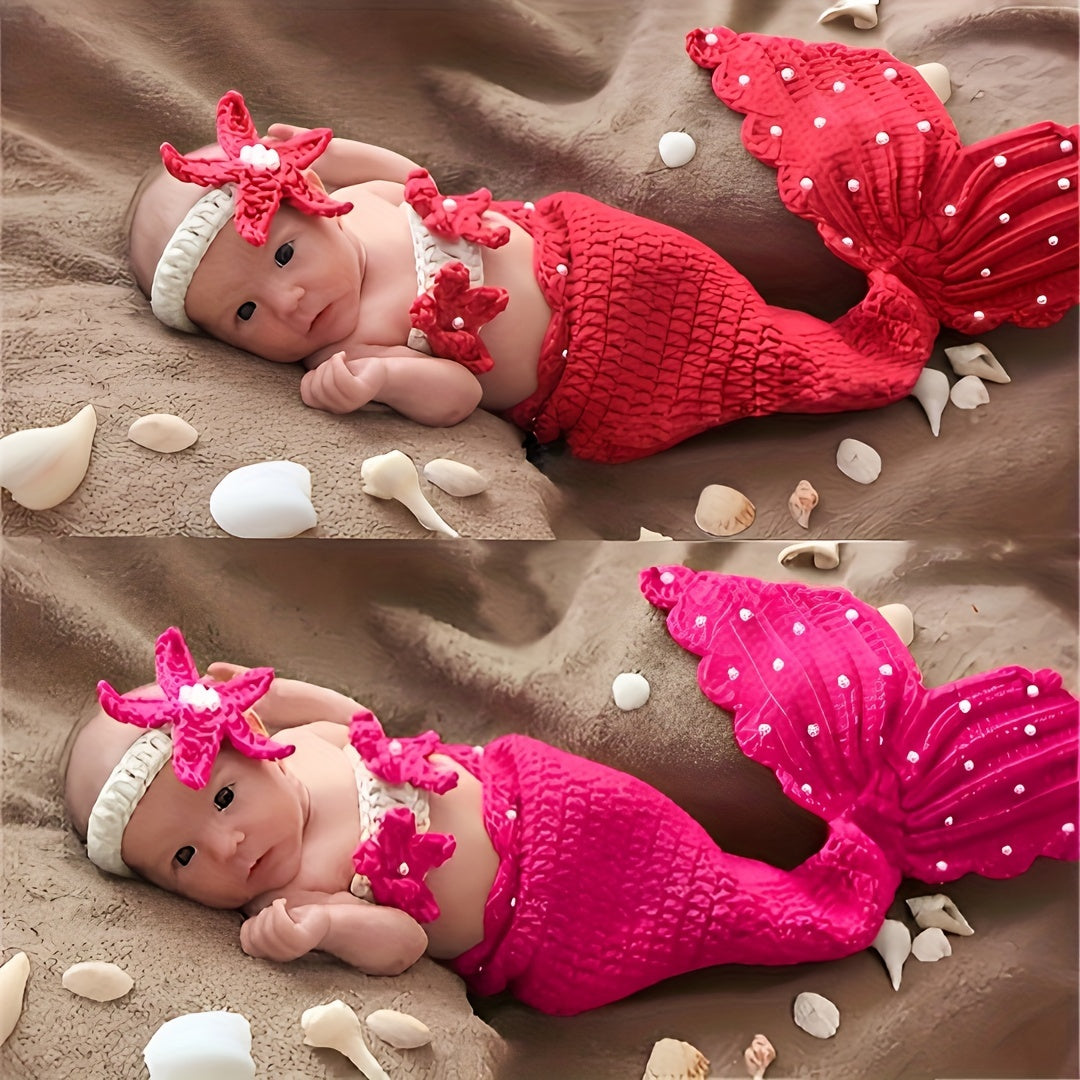 Children's Mermaid Theme Knitted Set - 3 Set,Including the train skirt、Bikini Top and Starfish Accessories,Very suitable for taking photos、Performance and festive costume,Red and magenta,Handmade Crochet,Photography Props,Holiday Gift