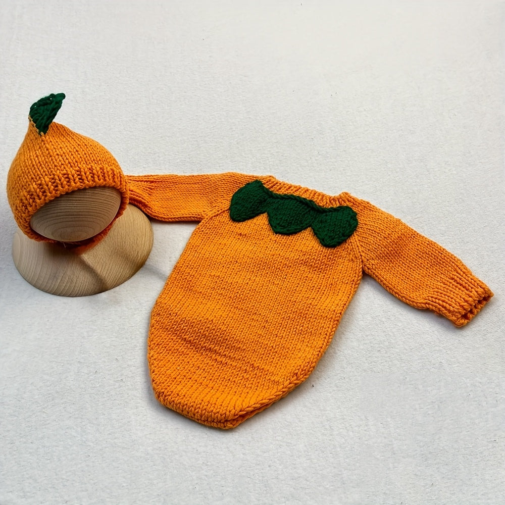 Newborn Photography Outfit Orange Theme Knit Hat and Long Sleeve Romper Studio Photo Shooting Accessories Set Easter Shower Gift for Baby Girl Boy