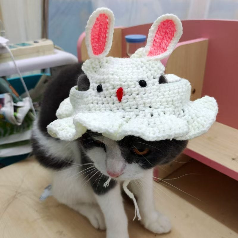 2Elegant Crochet Cat Hat with Bunny Ears,Ruffled edges and floral decorations - 100% Polyester Pet Clothing for Small to Medium Cats - Birthday、Holiday and Travel Photography Accessories - Comfortable Pet Clothing,Cute Bunny Theme,Comfortable Close-Fittin