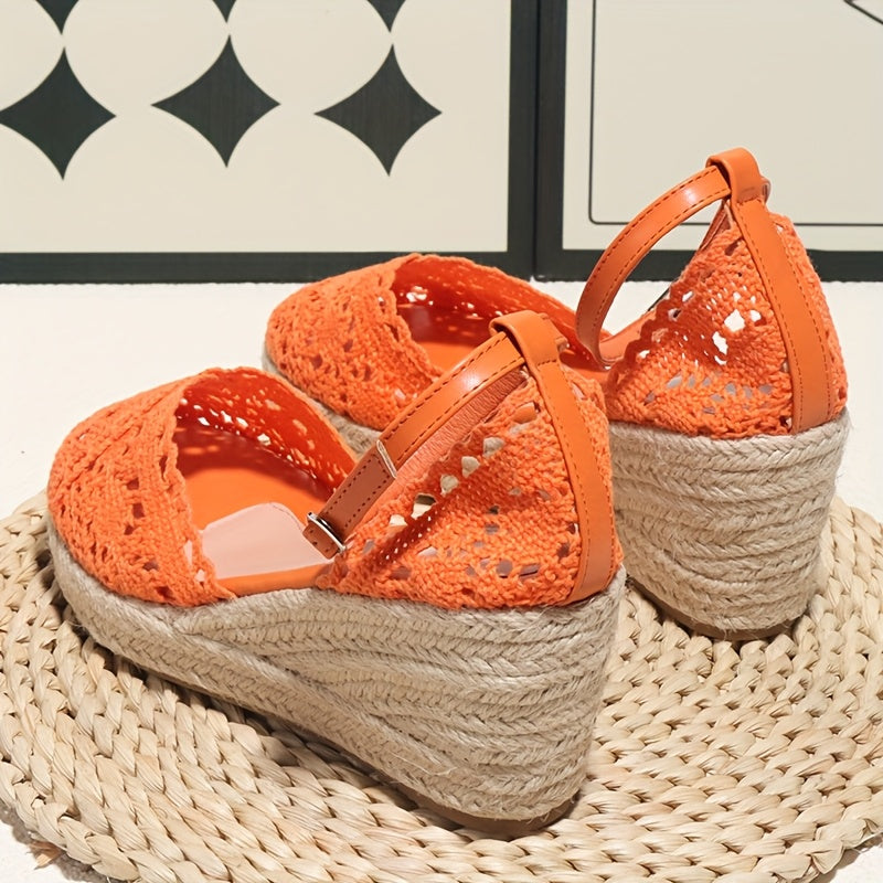 Elegant Women'S Fashionable Flat Sandals - Orange Crochet Design, Thick Sole, Ankle Strap with Buckle, Round Toe, Comfortable High-Heel Sandals for Summer, Casual Footwear | Crochet Sandals | Platform Sandals