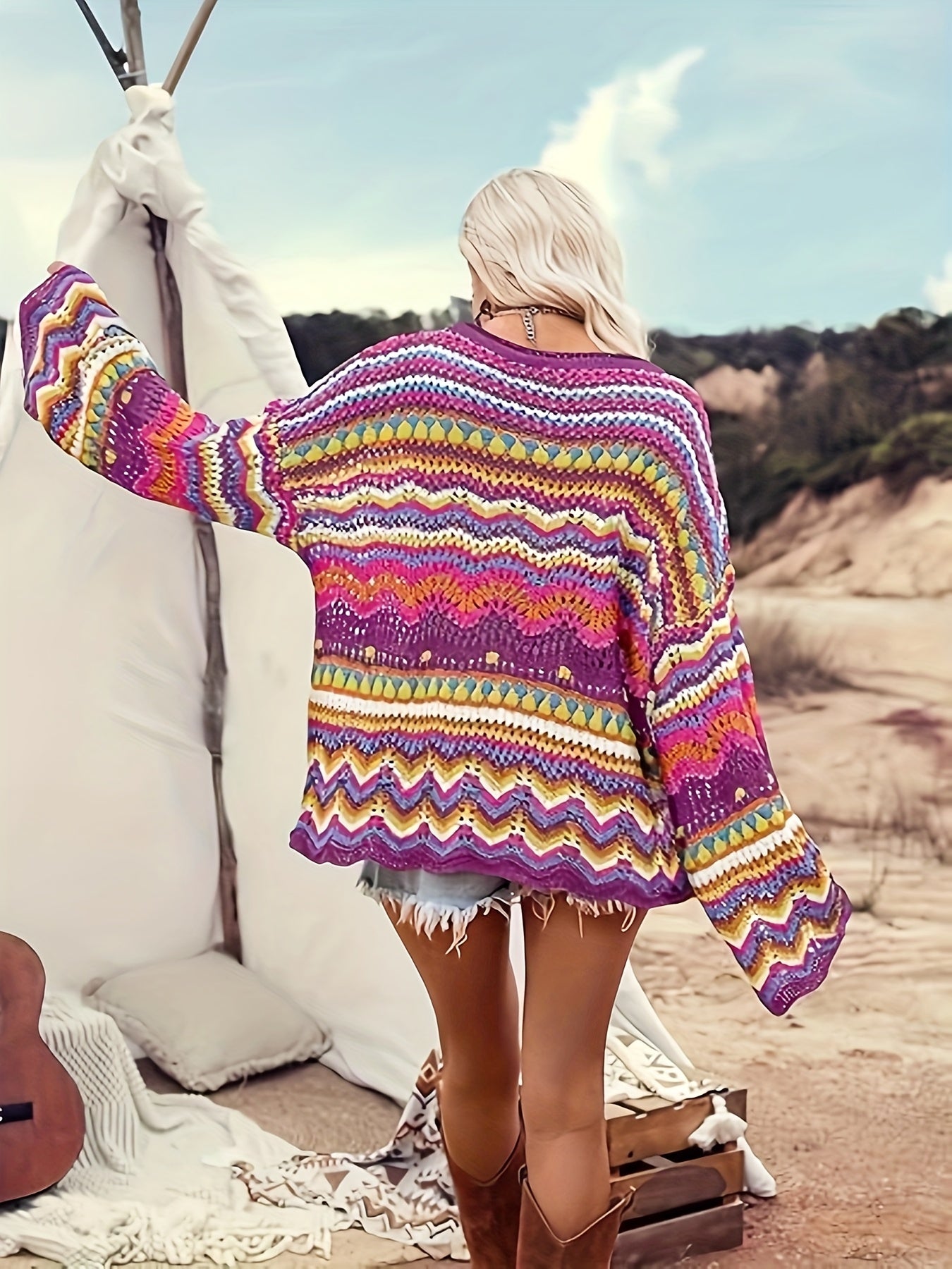 Plus-Size Women's Bohemian Color-Block Sweater - Semi-Sheer Drop Shoulder Crochet Top with Round Neck, Short Length & All-Season Casual Elegance, Crochet Sweater, Relaxed Fit Top, Vacation Style Clothing, Semisheer Fabric