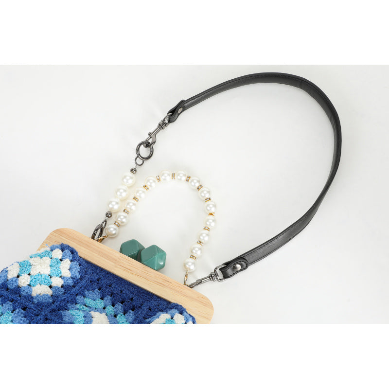 Vintage Handmade Blue Handicraft Crochet Hand Bag Flower Wooden Coin Purse Leather Shoulder Strap Bohemian Woven Handbag