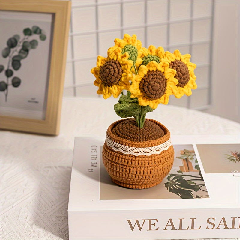 Room Decoration 1 Handmade Crochet Sunflower Potted Plant,Positive Vibration Polyester Fiber Desktop Decoration,Suitable for Living Room,Home Decoration,Christmas Decorations,Best Gift