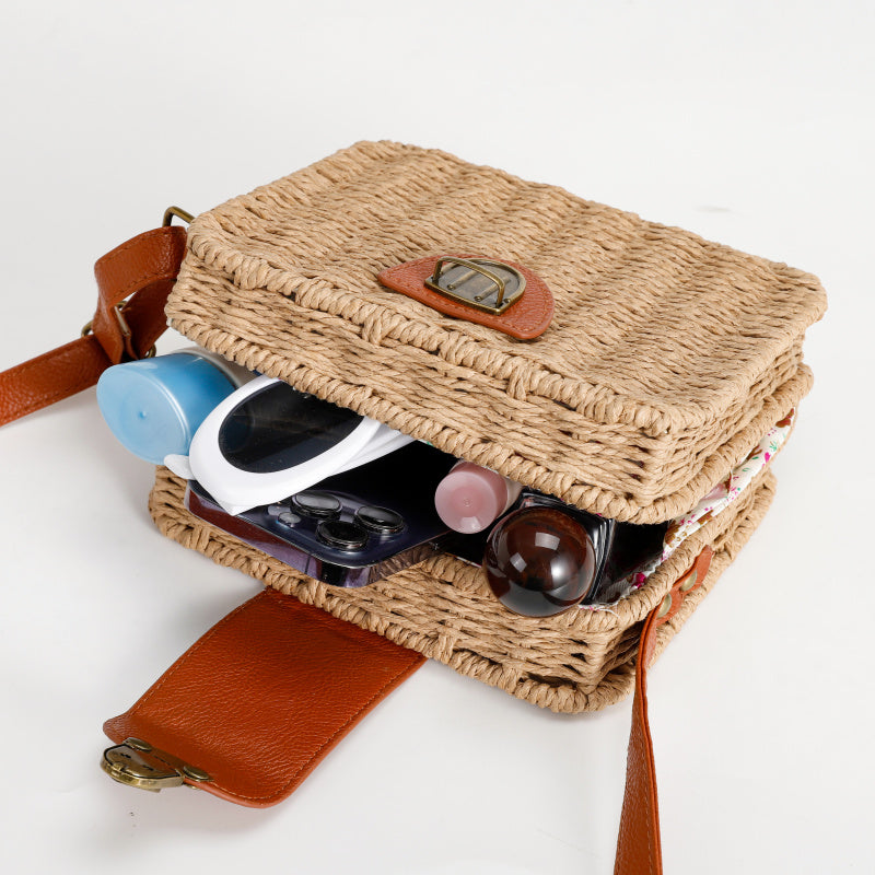 Vintage Mori Style Beige Woven Square Handbag Brown Leather Flip Metal Buckle Lock Commute Leisure Dual-Use Tote Bag