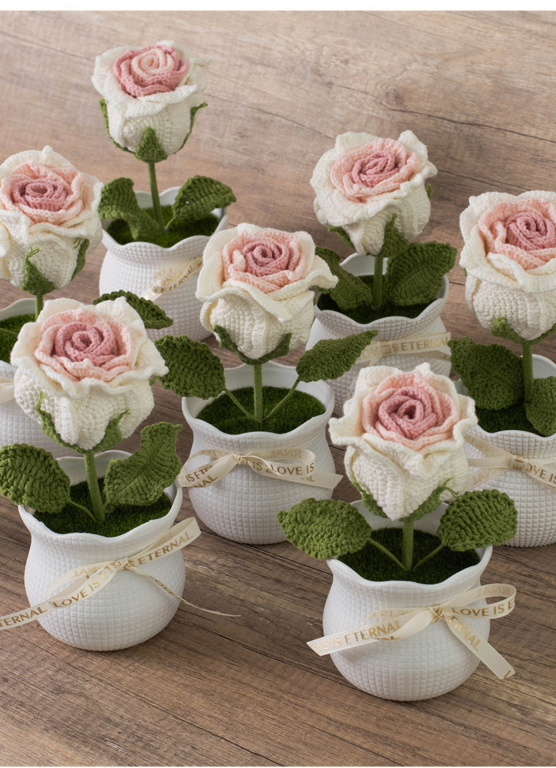 Finished Handmade Yarn Crochet Rose Artificial Flower Potted Plant Office Desk Potted Plant Knitted Flower Ornament