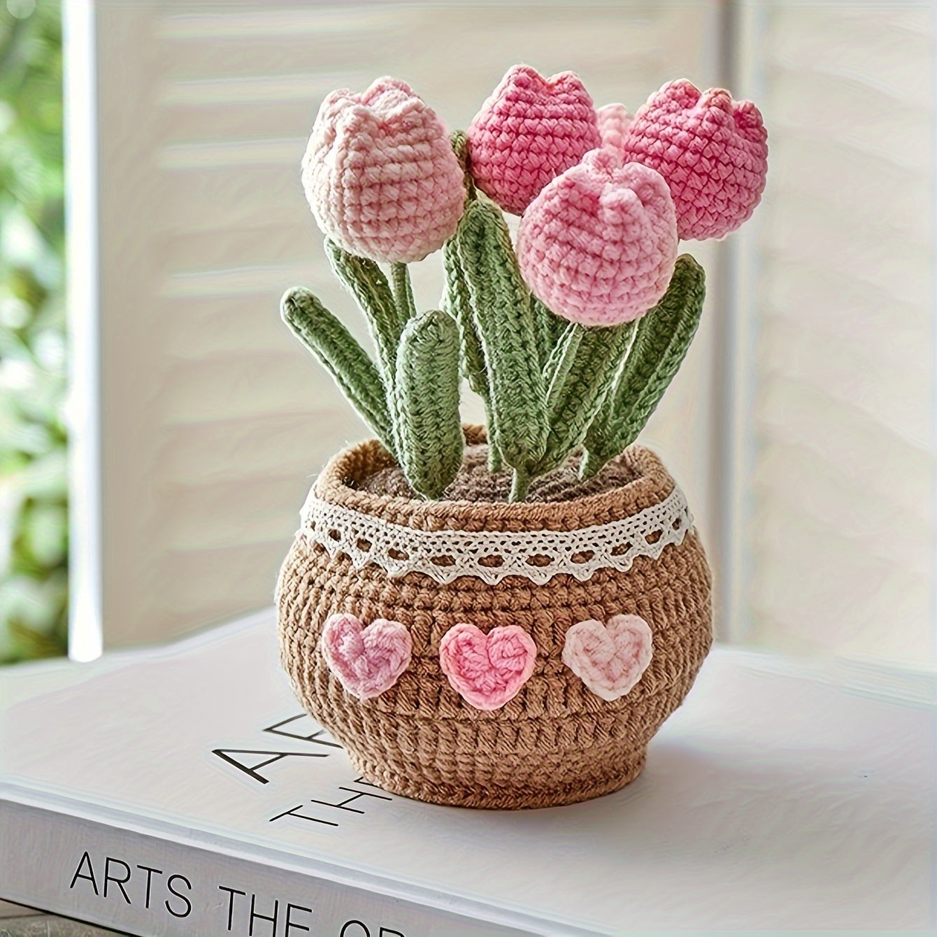 1Handmade Crochet Tulip Flower Pot Decoration for Car Dashboard,Eternal Fabric Floral Imitation Gemstone,Car Decoration,Home Gardening Lucky Twisting Line Potted Plants - Car Dashboard Hanging Decoration