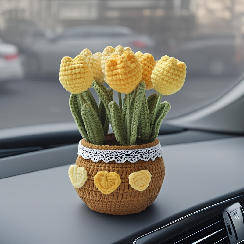 1Handmade Crochet Tulip Flower Pot Decoration for Car Dashboard,Eternal Fabric Floral Imitation Gemstone,Car Decoration,Home Gardening Lucky Twisting Line Potted Plants - Car Dashboard Hanging Decoration