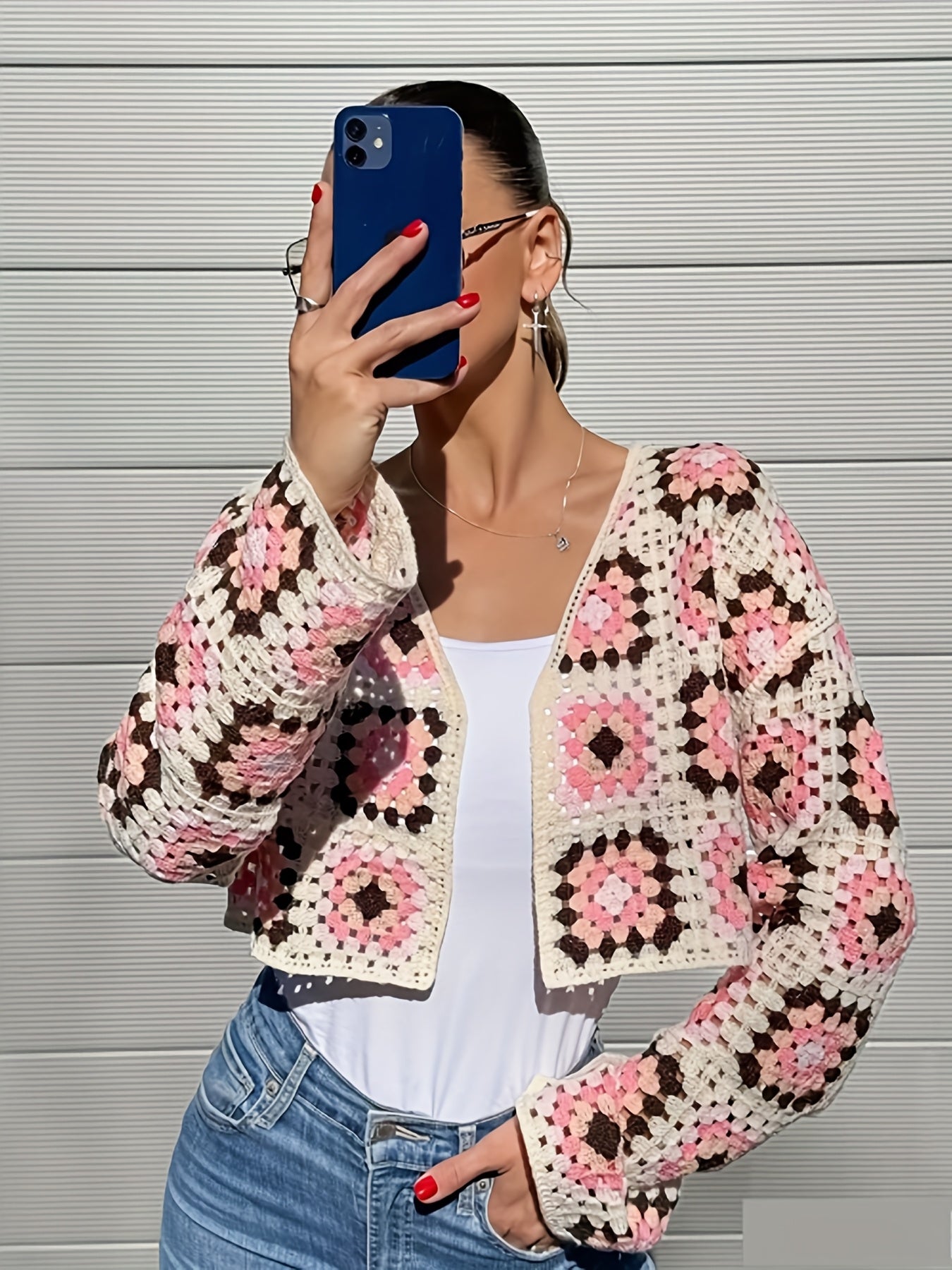 Women's Bohemian Cardigan - Open Front Placket Semi-Sheer Long Sleeve Grid Pattern Crochet Cover-Up, Loose Fit Spring Summer Layering Piece, Hand Wash Only, Lightweight Cardigan, Casual Coverup, Spring Outerwear, Elegant Openfront, Handwashable Fabric, In
