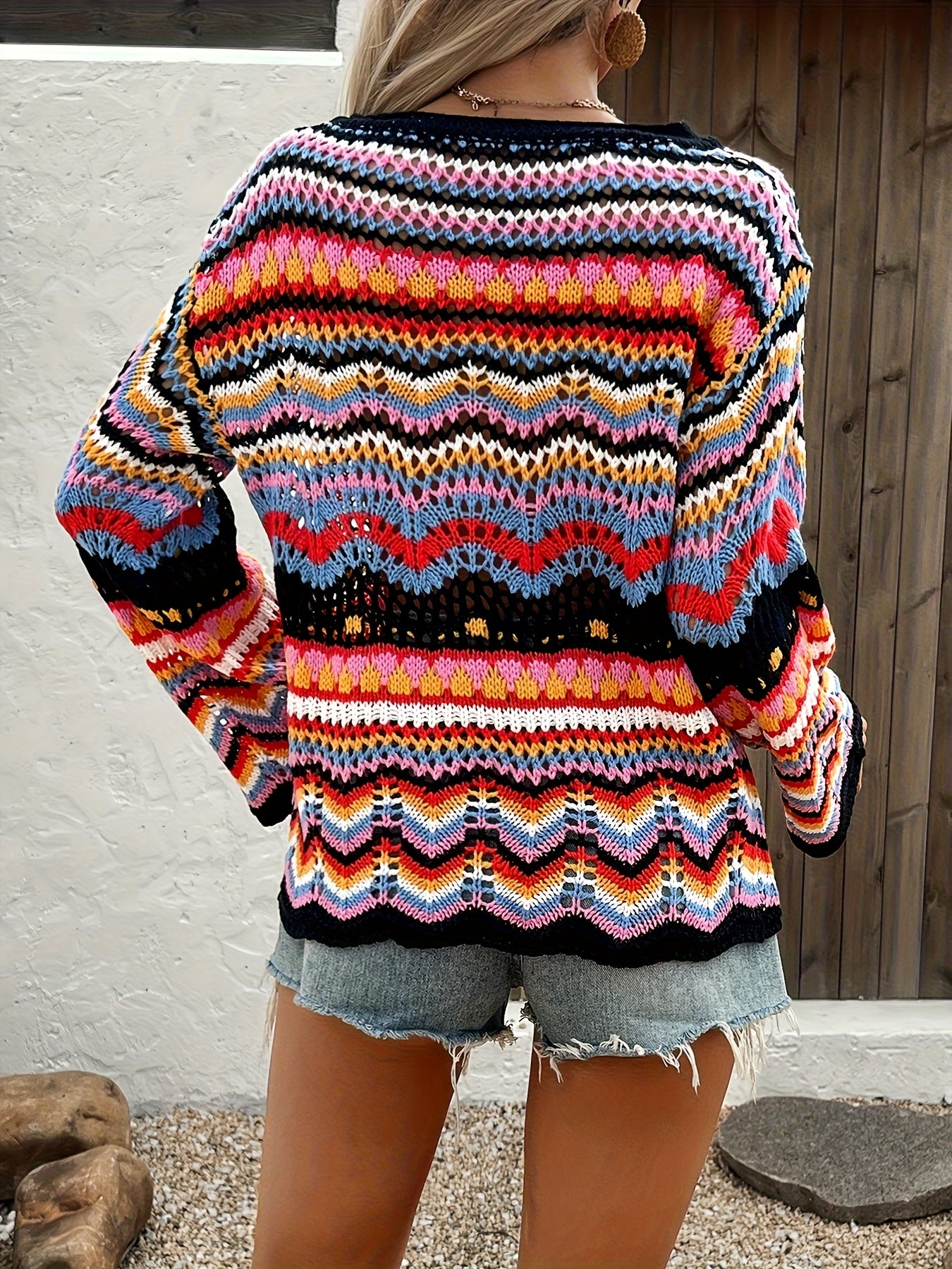 Women'S Colorful Geometric Sweater - Oversized Drop Shoulder Pullover with Intricate Pattern, Long Sleeve, Loose Fit for Spring/Summer/Fall, Casual Wear|Vibrant Knitwear|Hollow Detail Design