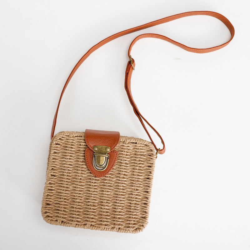 Vintage Mori Style Beige Woven Square Handbag Brown Leather Flip Metal Buckle Lock Commute Leisure Dual-Use Tote Bag