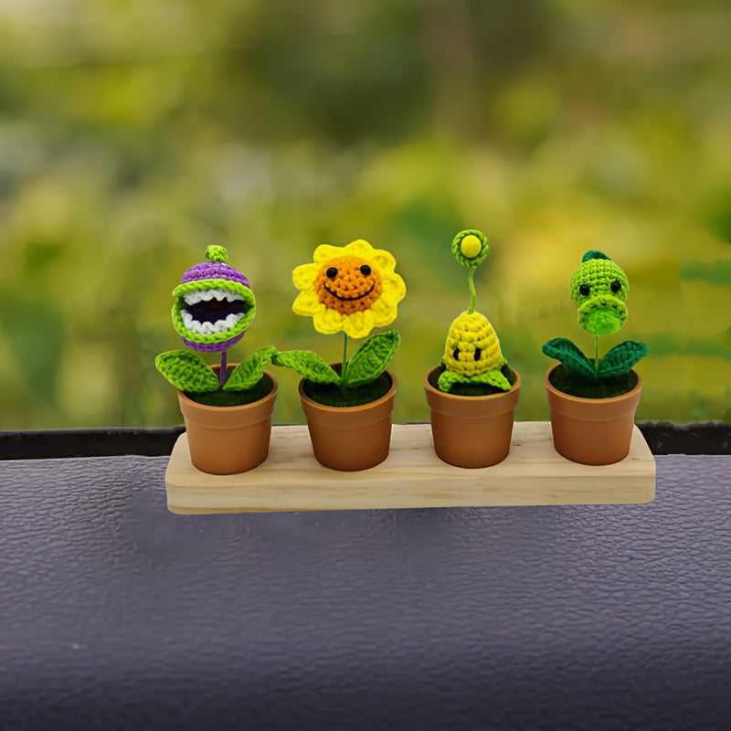 4Set of Artificial Sunflower, Pea, and Corn Plants Crochet Mini Potted Desktop Decorations Birthday Gift Car Home Outdoor Decoration Handicrafts Car Dashboard Hanging Decoration