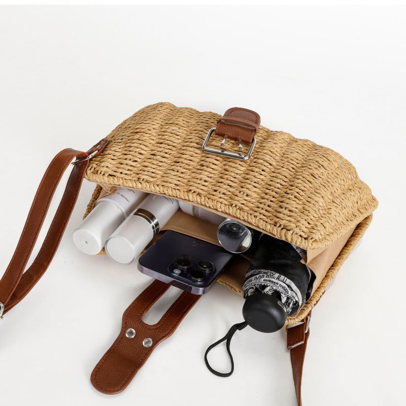 Forest Style Handwoven Tote Bag Top Layer Cowhide Flip Cover Metal Buckle Adjustable Strap Dual-use Bag Non-slip Base Design