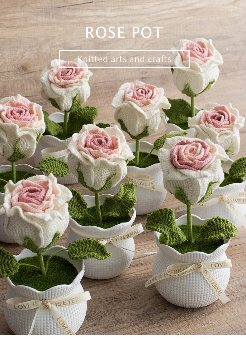 Finished Handmade Yarn Crochet Rose Artificial Flower Potted Plant Office Desk Potted Plant Knitted Flower Ornament
