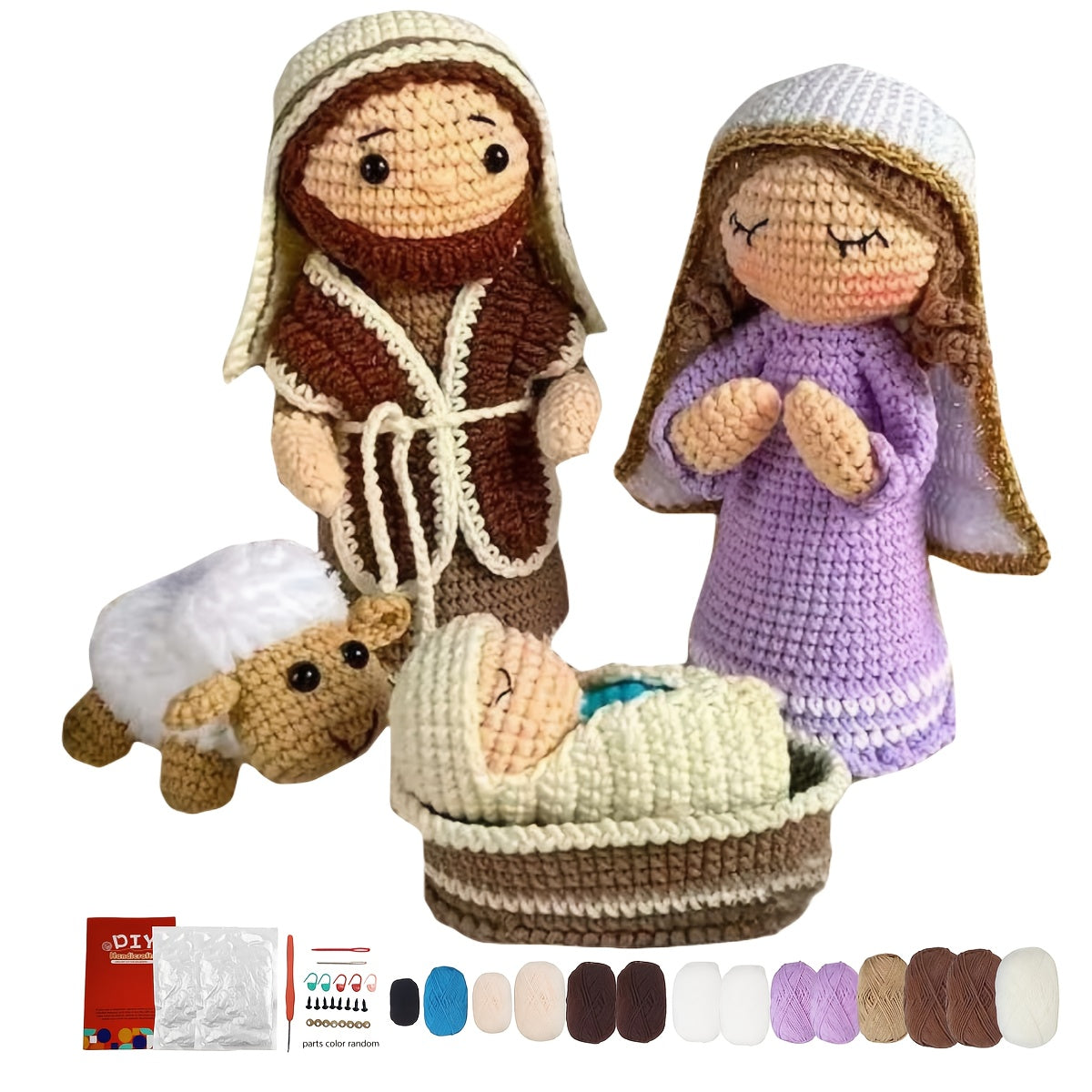 Knitting Beginner Kit DIY Small Christmas Set,Mixed Color,Cloth,Easy to Follow Specification,Handmade,With Jesus,Maria,Sheep,Suitable for winter birthdays,Thanksgiving Day,Christmas,Easter Gift,Handicraft Supplies