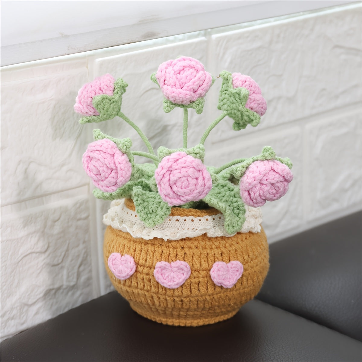 1Crochet Yarn Flower Pot Plant Car Ornament Eternal Flower Yarn Ornament Bonsai Gardening Handmade Crochet Lucky Tulip Yarn Potted Plant Artificial Living Room Decoration Father's Day Mother's Day Graduation Season Halloween Christmas Decoration Artificia