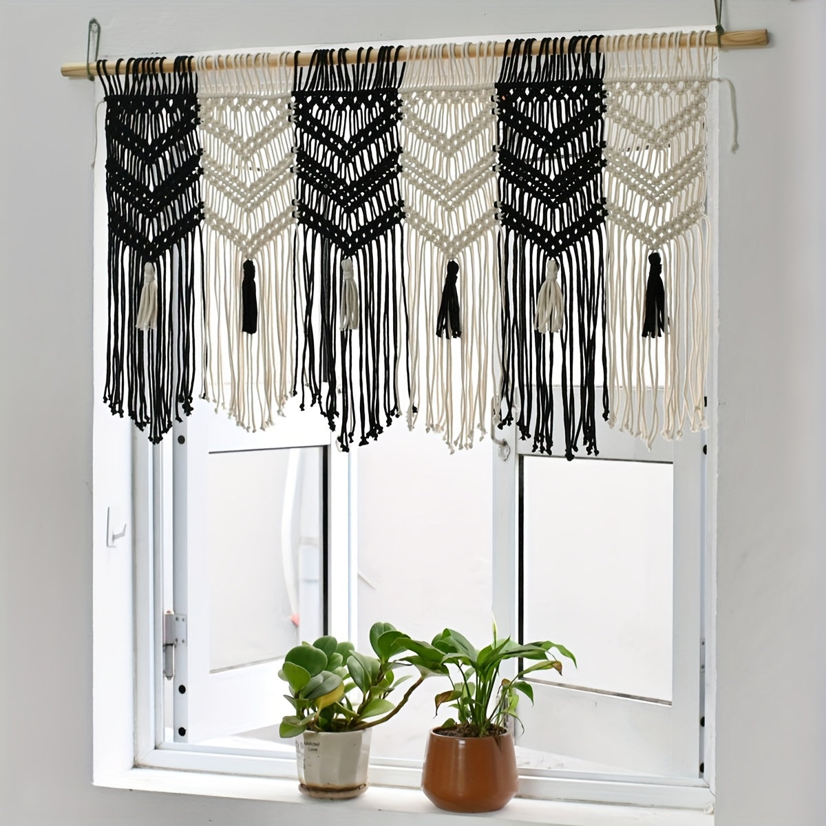 1Bohemian Style Black and White Contrast Fiber Art Tapestry with Tassels Flag Background Wall Hanging Handwoven Living Room Bedroom Bedside Fabric Partition Door Curtain - Does not include wooden poles
