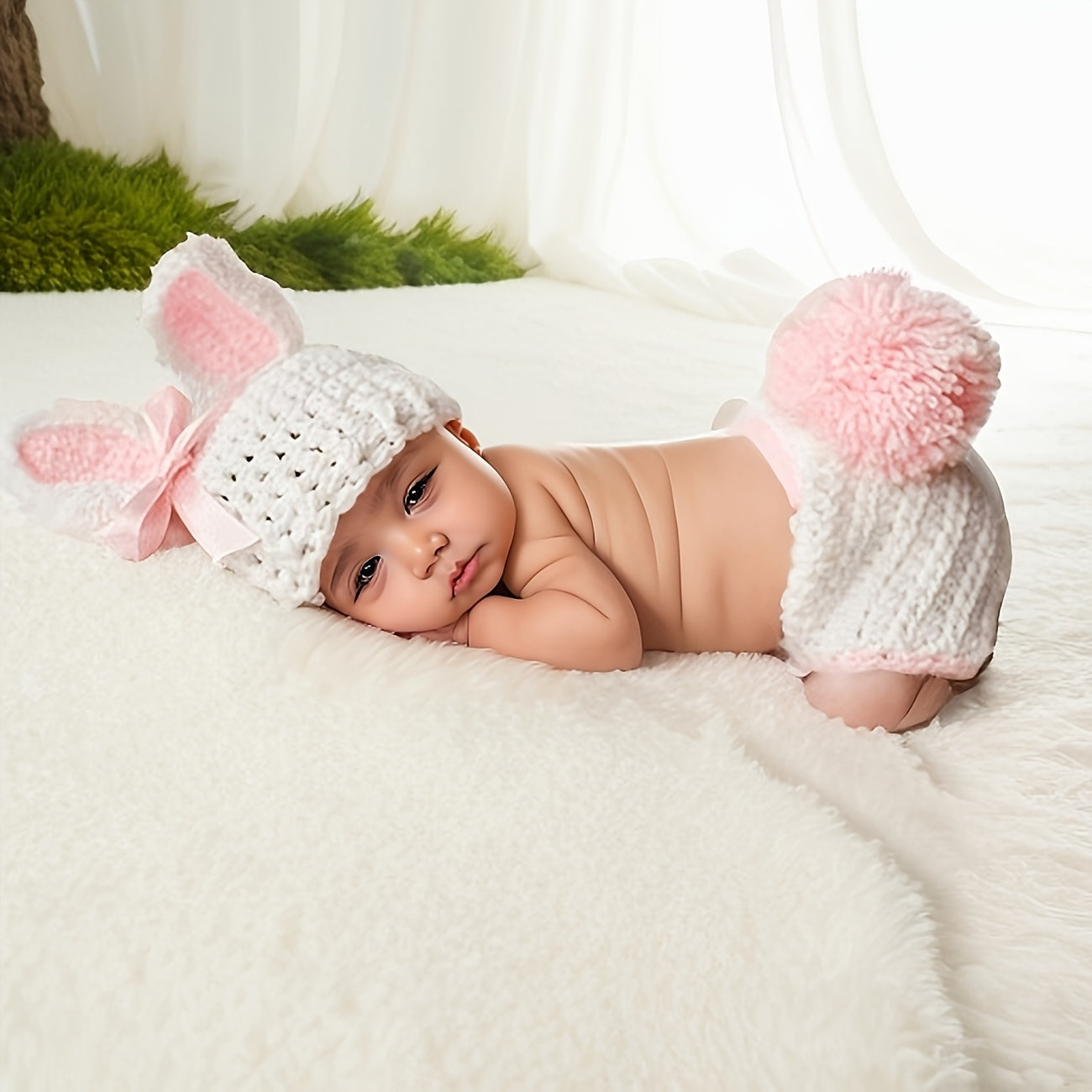 1Handmade Crochet Rabbit Costume,Suitable for Newborns - Cotton Blend Baby Photo Props - Unisex Baby Bunny Costume,With a knitted hat and pants