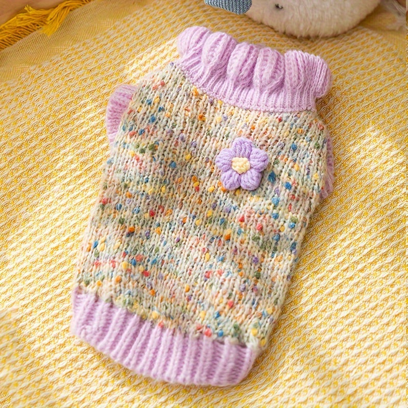 Autumn Winter Dog Sweater - Colorful Floral Pattern Knit Pullover with Ruffle Trim,Warm and Soft Small Dog Clothing,plaid Pet Clothes for Cold Weather,High Quality Craft