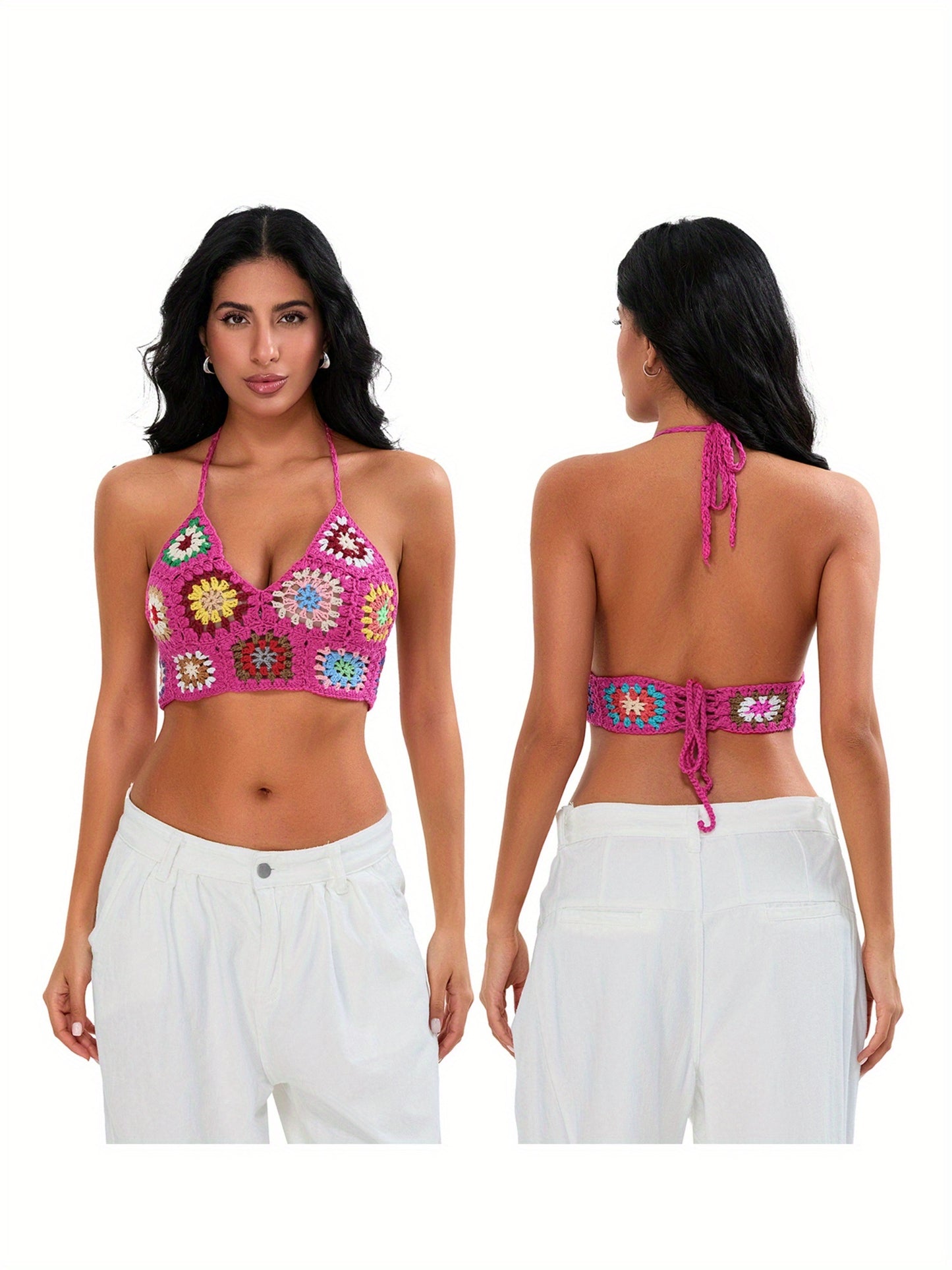 Womens Cami Tops Sleeveless Tie Halter Neck Crochet Floral Camisole Tops Summer Shirts