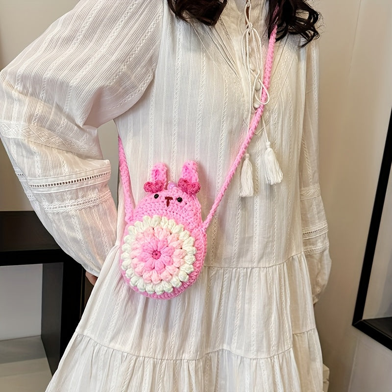 Handmade Crochet Rabbit Crossbody Bag - Adjustable Shoulder Strap,Cute Bunny Design,Suitable for mobile phones/Card/Change,Pink and yellow sweet style,Korean and Japanese Style Women's Fashion Accessories,Practical Small Bag,Fabric Craft,Simple Style,Soft