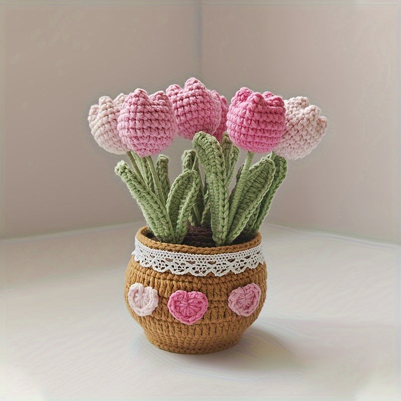 1Handmade Crochet Tulip Flower Pot Decoration for Car Dashboard,Eternal Fabric Floral Imitation Gemstone,Car Decoration,Home Gardening Lucky Twisting Line Potted Plants - Car Dashboard Hanging Decoration