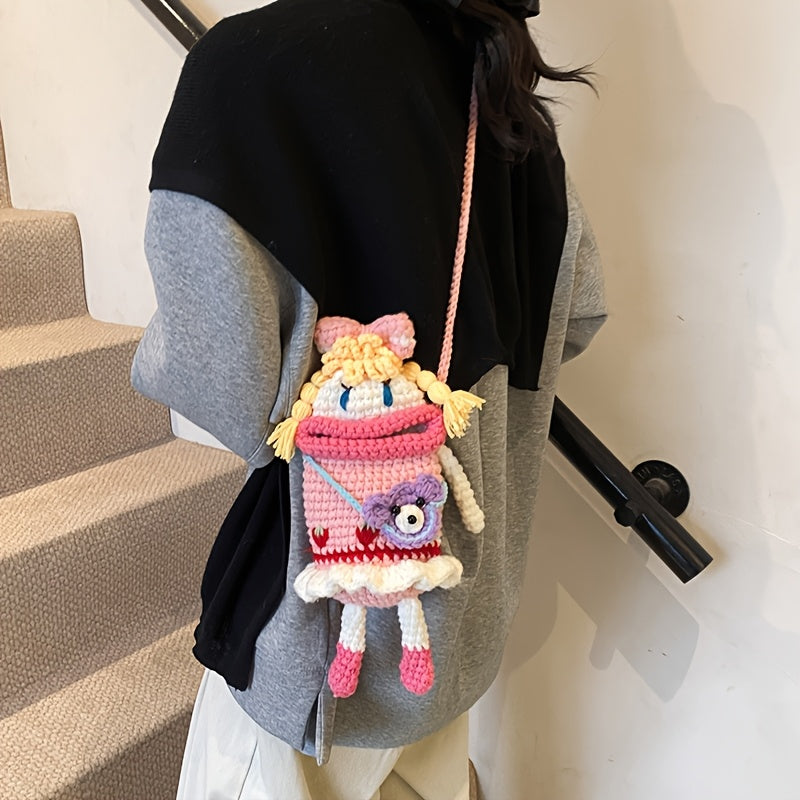 1PC,Handmade Crochet Bag Finished Product Quirky Girl Bag,Cute Sausage Mouth Knitted Bag,Unique Gifts,Women's Crossbody Bag for Mobile Phone,Creative Finished Yarn Shoulder Bag-No Lining