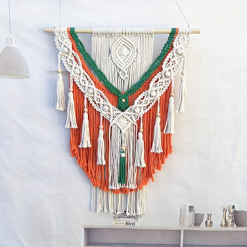 Handmade Geometric Pattern Tapestry - Bright Orange-Green Tassel Decoration Paired with White Accents,bohemian Style Home Office and Living Room Art,No Electricity Required Indoor Wall Decoration,Unique Gift Ideas