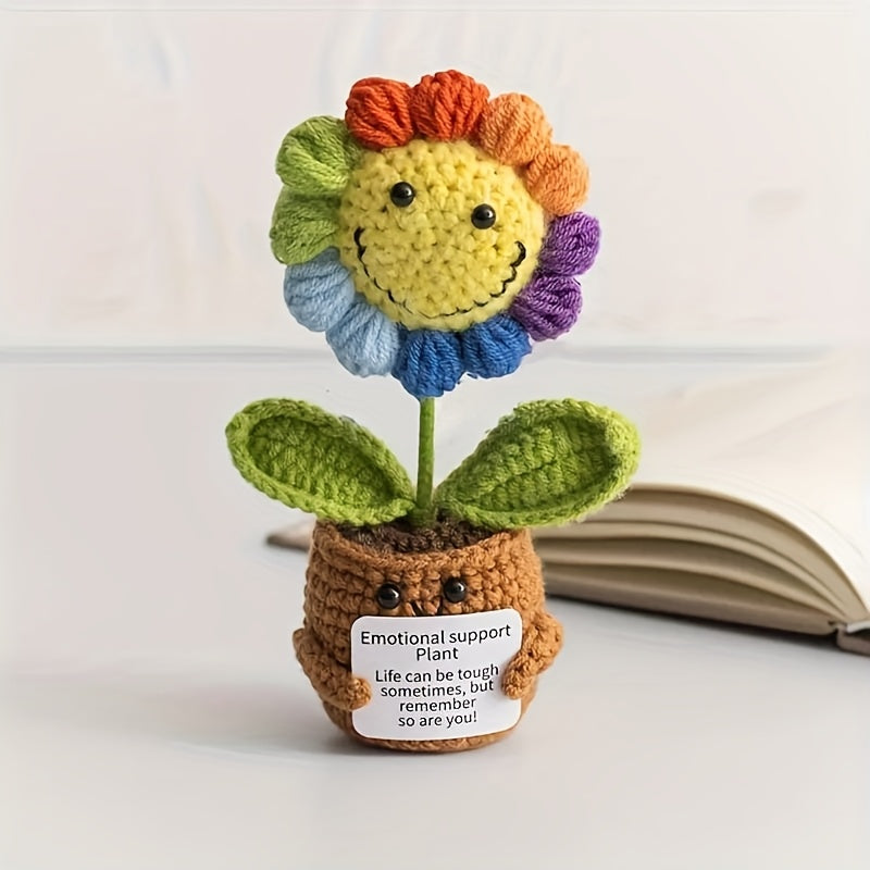 Handmade Crochet Sunflower Potted Plant with Inspirational Quotes - Rainbow Smiley Face Artificial Flower,Home、Office or desktop decoration - Mother's Day、Perfect choice for Valentine's Day or graduation gifts