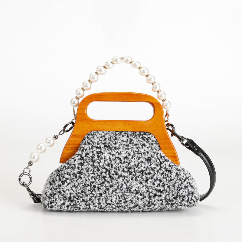 Elegant French Handbag Multicolored Wool Body Wood Handle Detachable Pearl Chain