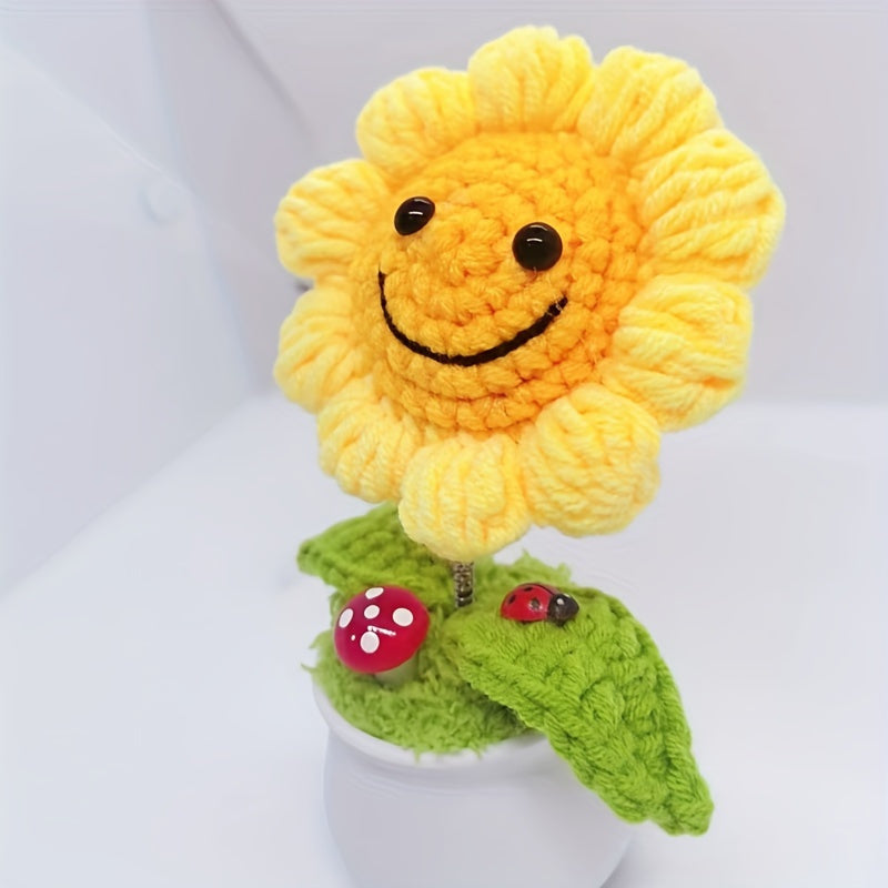 【Interior Decoration】Handmade Crochet Sunflower Potted Plant - Bright yellow and green smiling sunflowers,There is a red ladybug on the mushroom,Ideal Graduation Gift and Charming Car Decoration