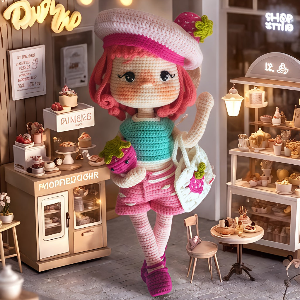 1Princess Beginner Crochet Kit,Crochet Kit for Adults,With Step-by-Step Textual Tutorial,Strawberry Hat Girl DIY Woven Kit,Cute and Fun Spring Summer Home Decor Ornaments,Birthday Valentine's Day Holiday Gifts