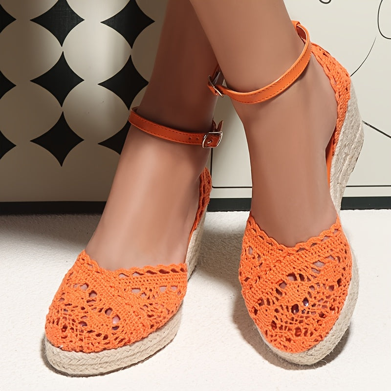 Elegant Women'S Fashionable Flat Sandals - Orange Crochet Design, Thick Sole, Ankle Strap with Buckle, Round Toe, Comfortable High-Heel Sandals for Summer, Casual Footwear | Crochet Sandals | Platform Sandals