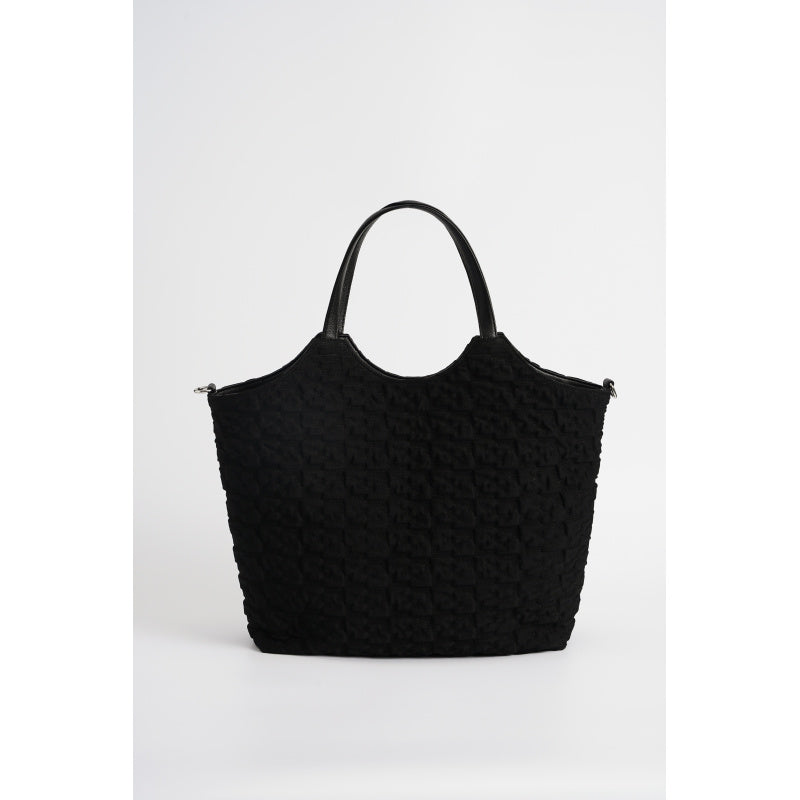Two-tone Tote Bag2025New Large Capacity Casual Waterproof Tote Bag for Women in Cream White with Textured Pattern/Obsidian Black Coarse Flower Commuter Shopping Bag