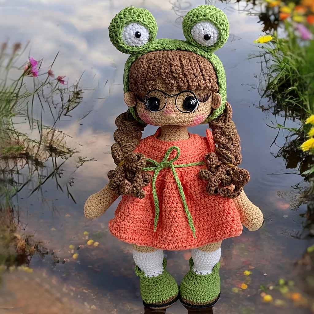 Little Girl with Frog Glasses Crochet Kit - DIY Crocheted Set with Yarn, Hooks, and Step-by-Step Tutorial, Perfect for Home Decor, Ideal Gift for Crochet Enthusiasts, Christmas and Birthday Present, Crochet Kits