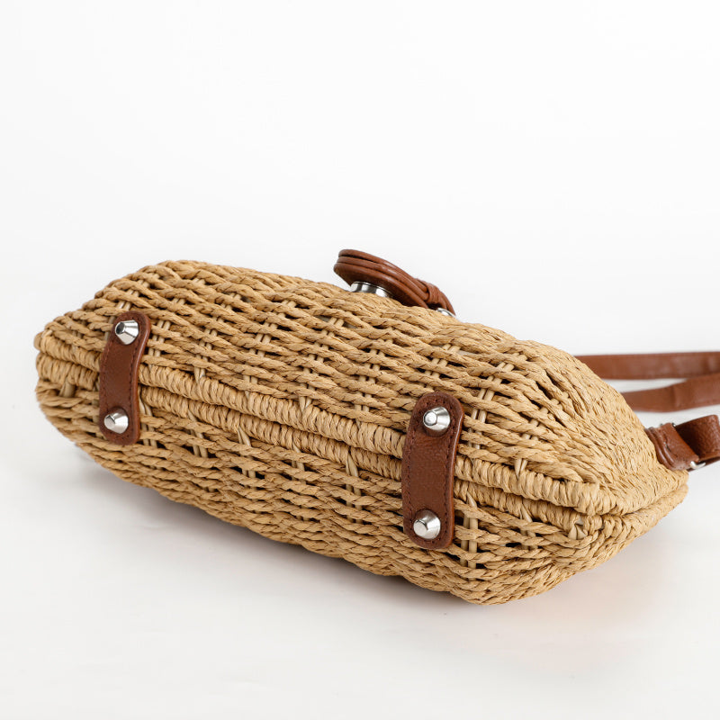 Forest Style Handwoven Tote Bag Top Layer Cowhide Flip Cover Metal Buckle Adjustable Strap Dual-use Bag Non-slip Base Design