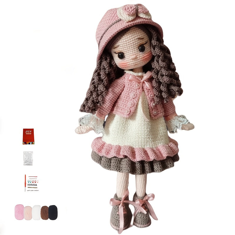 1 Set of Little Girl in Pink Dress with Beautiful Hat, DIY Crochet Material Pack for Adults Includes Yarn, Hook, English Manual and Step-by-Step Video Teaching, Perfect Holiday Gift, Easter, Valentine'S Day, Birthday Present - Unfinished