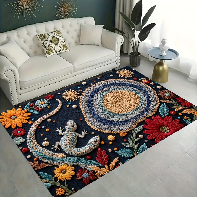 1pc Bohemian Crochet Lizard & Floral Design Velvet Carpet, 850g/m² + 6mm Thick, Polyester Backing, Natural & Stylish for Home Decor, Picnics, Desk, Camping, Room Decoration, Picnic Mat | Floral Pattern Mat | Durable Floor Ma