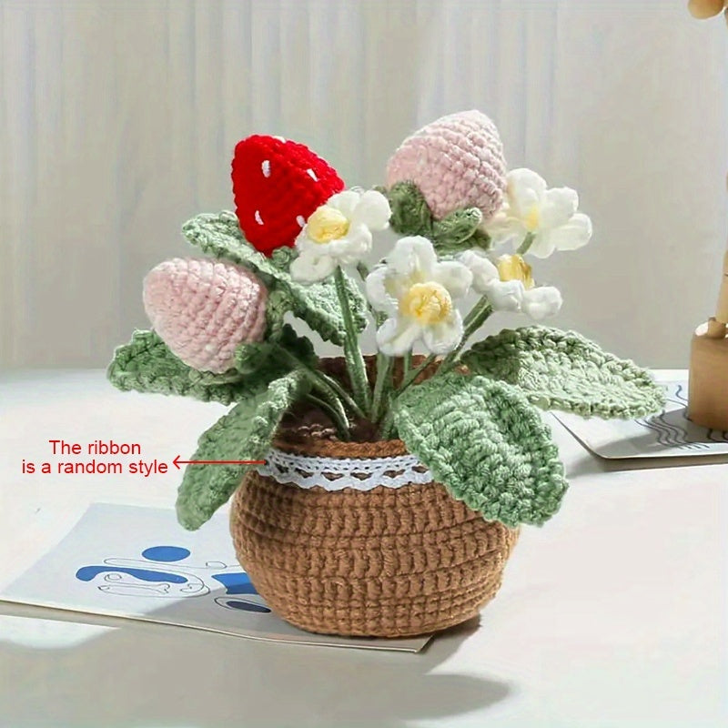 1Handwoven Strawberry and White Flower Pot Plant - Eternal Fabric Flowers,Lucky Strawberry for Car and Home Decoration