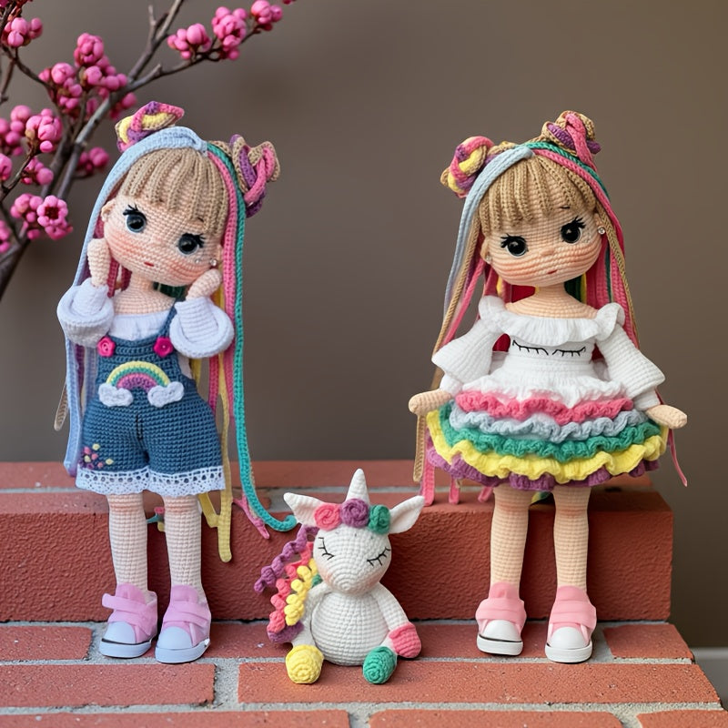 3pcs Adorable Sister Flower Hair Accessories Crochet Kits - Rainbow Girl & Unicorn Dolls with English Instructions - DIY Crochet Tote Bag, Perfect for Birthdays, Valentine'S Day, Weddings, Thanksgiving Gifts, All-Season Crafts, Birthday Crafts | Playful D