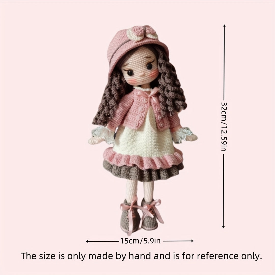 1 Set of Little Girl in Pink Dress with Beautiful Hat, DIY Crochet Material Pack for Adults Includes Yarn, Hook, English Manual and Step-by-Step Video Teaching, Perfect Holiday Gift, Easter, Valentine'S Day, Birthday Present - Unfinished