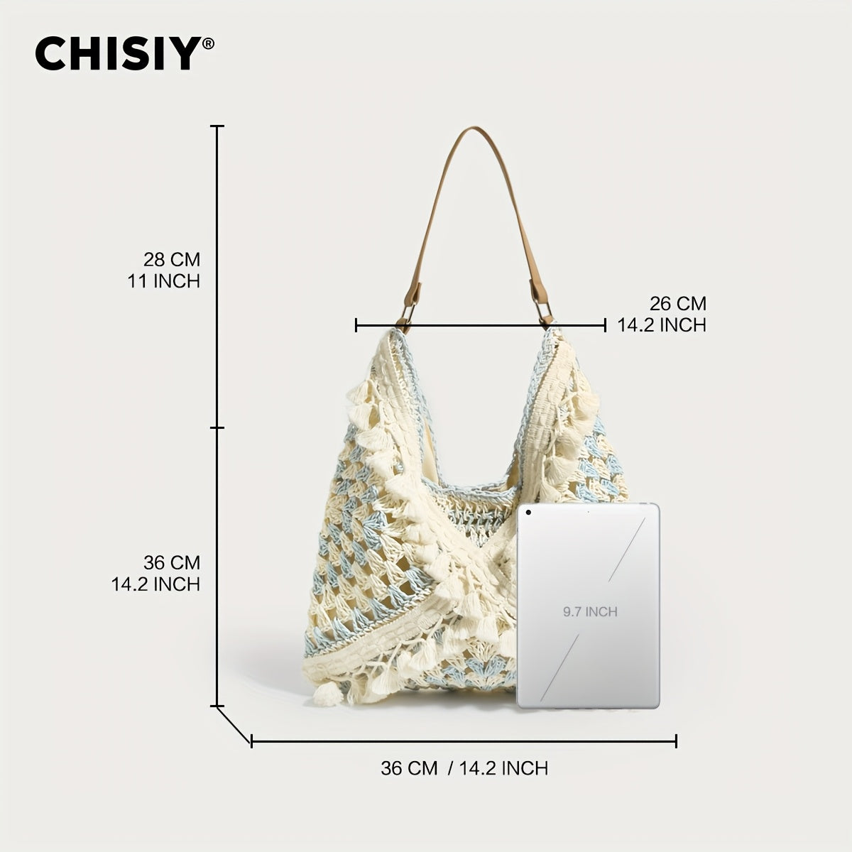 CHISIY Handmade Crochet Beach Tote Bag - Light Blue and White Woven Straw Shoulder Bag,Zipper Closure,Casual summer style suitable for women,Beach bag,Vacation Accessories,Woven Texture